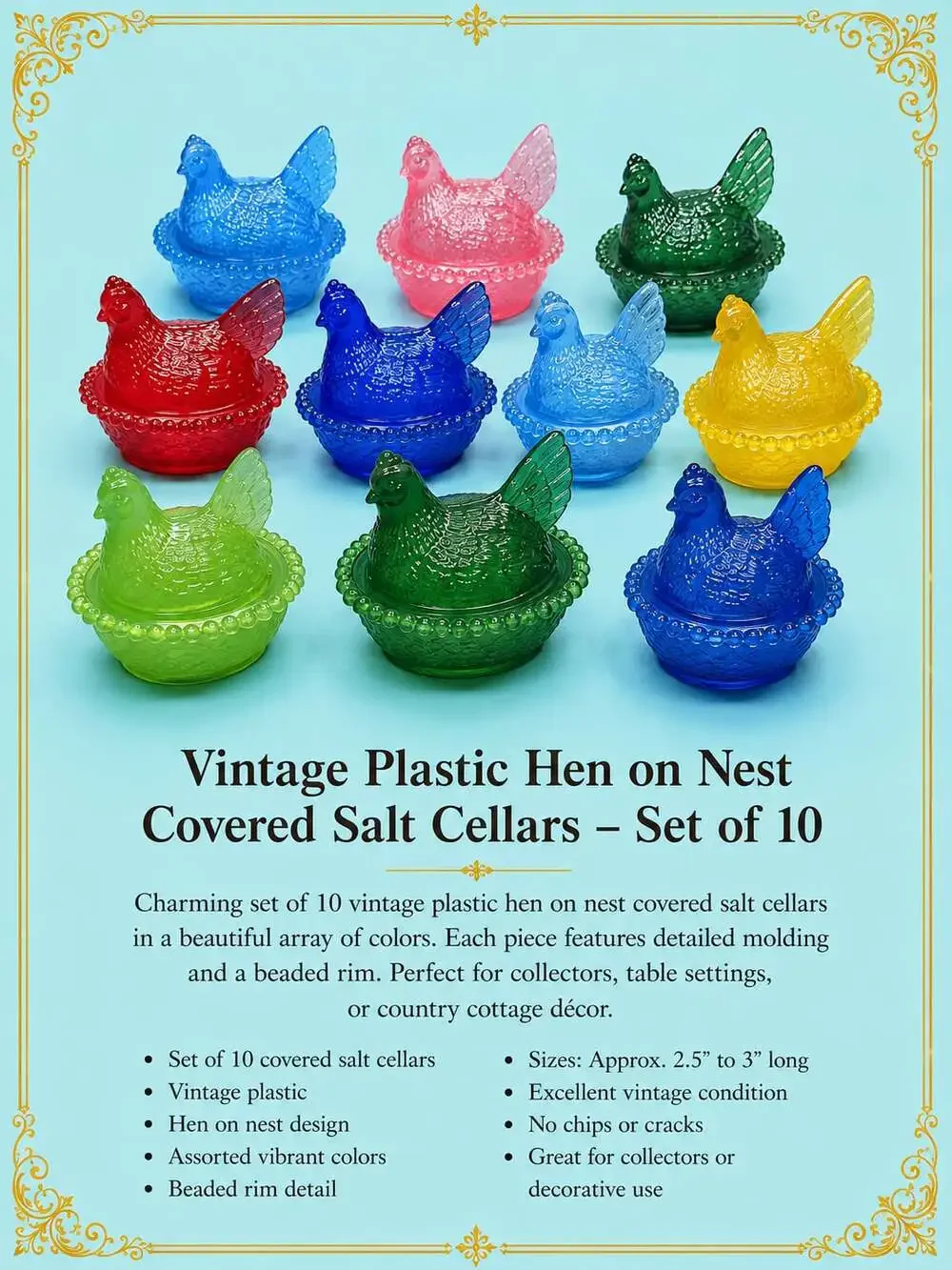 Vintage Style 4.5”PLASTIC Hens on Nest Covered , 2 mini Salt Cellars, Total of 1